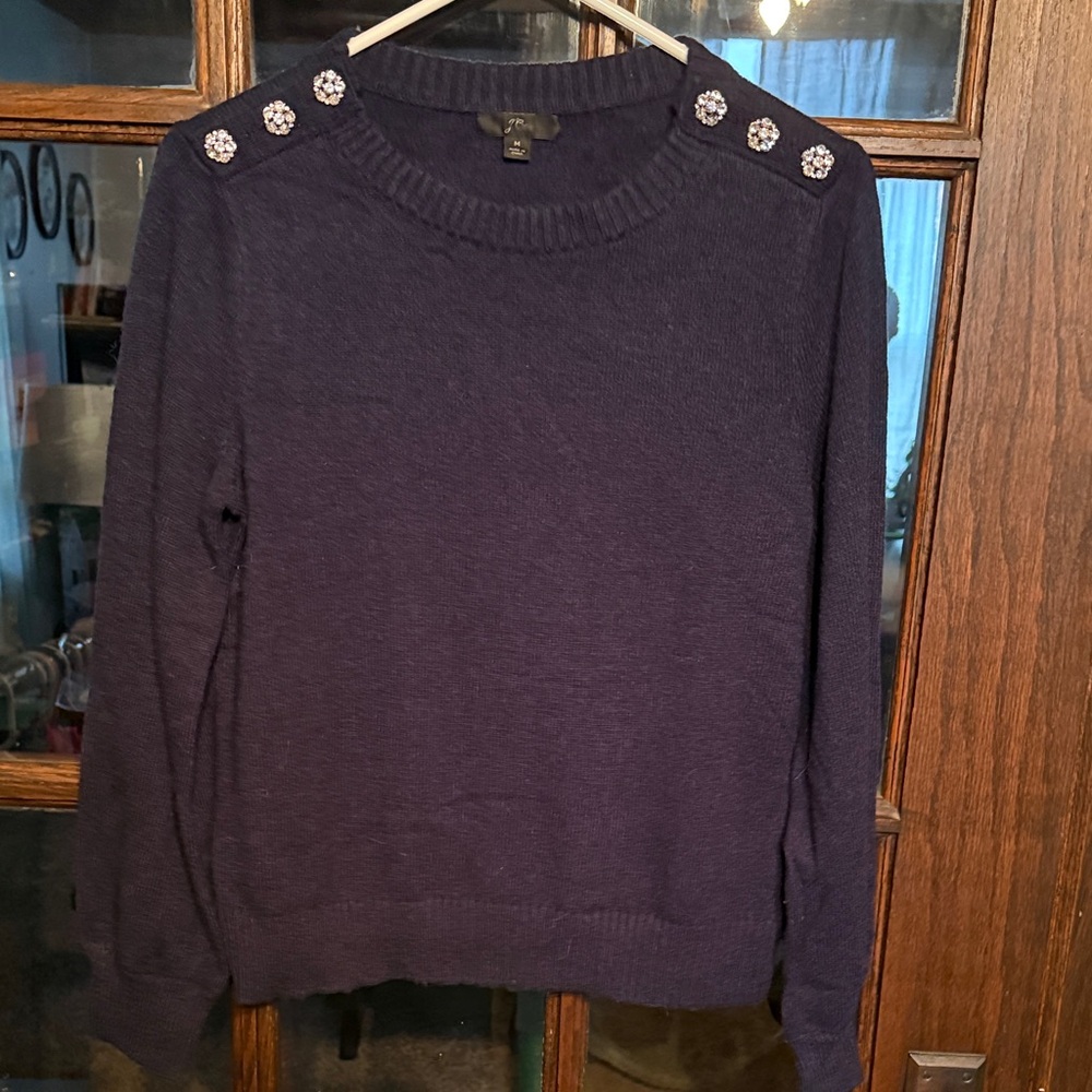J.Crew Womens‎ Navy Blue Rhinestone Shoulder Embellished Crewneck Sweater Size M